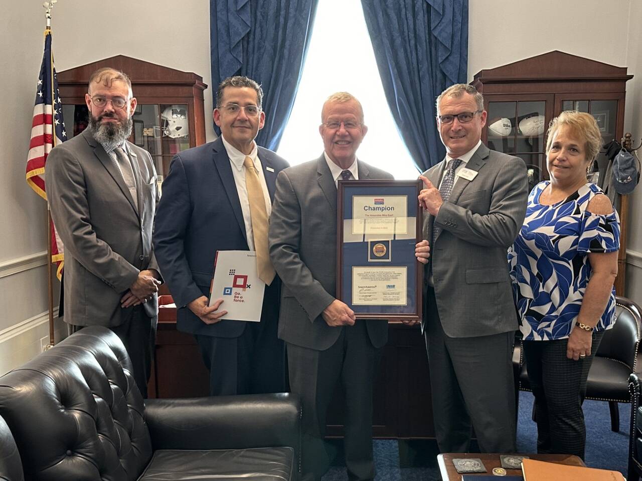 Rep. Mike Ezell AbilityOne Champion: (left to right) SourceAmerica Veteran Policy Analyst John Rose, SourceAmerica Vice President of Government Affairs Rick Terrrazas, Congressman Ezell, GCE President Dwight Davis, and GCE Senior Director of Government Affairs and Advocacy Lori Kain