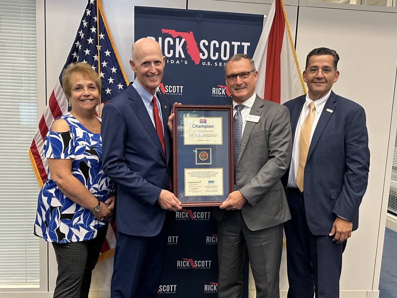 Sen. Rick Scott AbilityOne Champion: (left to right) GCE Senior Director of Government Affairs and Advocacy Lori Kain, Senator Rick Scott, GCE President Dwight Davis, and SourceAmerica Vice President of Government Affairs Rick Terrrazas