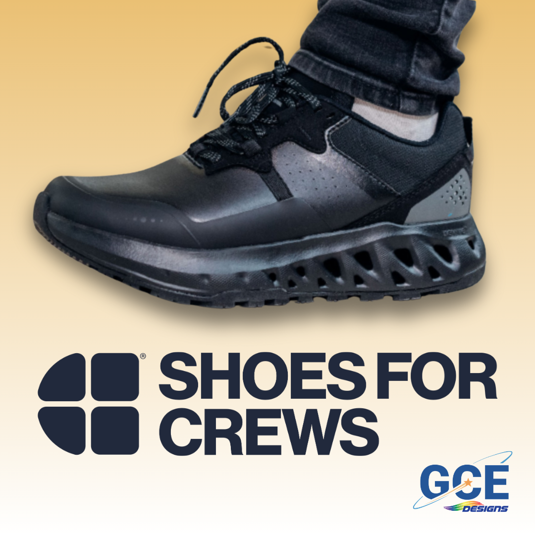 Photo of a shoe and the Shoes For Crews and GCE Designs logos