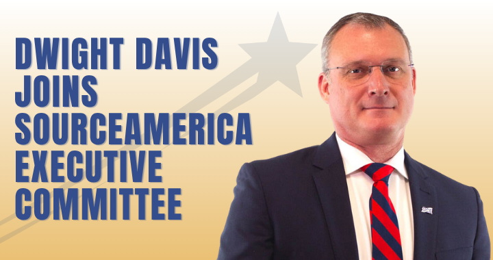 This graphic features a professional headshot of Dwight Davis, as well as the text, "Dwight David joins SourceAmerica Executive Committee"