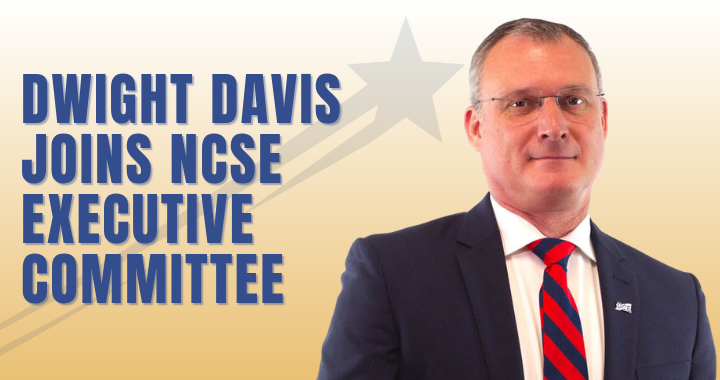 This graphic features a professional headshot of Dwight Davis, as well as the text, "Dwight David joins NCSE Executive Committee"