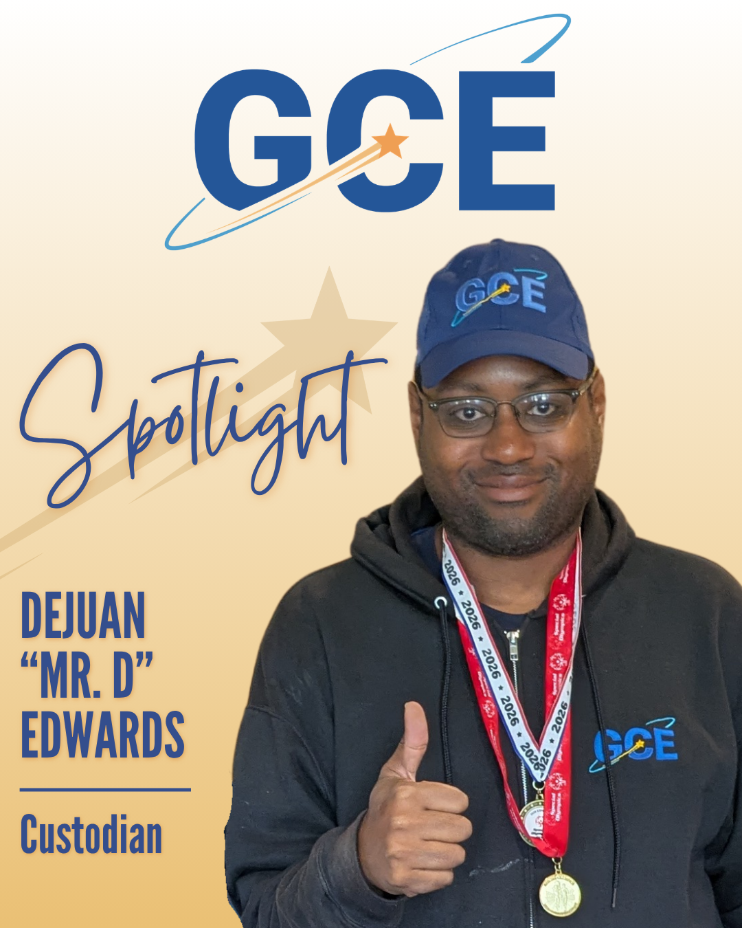 The image features a photo of Mr. D, as well as the text: "Spotlight; Dejuan 'Mr. D' Edwards; Custodian I."