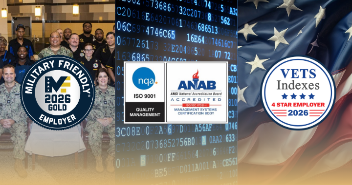Photo showing off logos of different GCE awards—2026 Gold Military Friendly Employer, ISO 9001, ANAB accreditation, VETS Indexes 4 Star Employer 2026