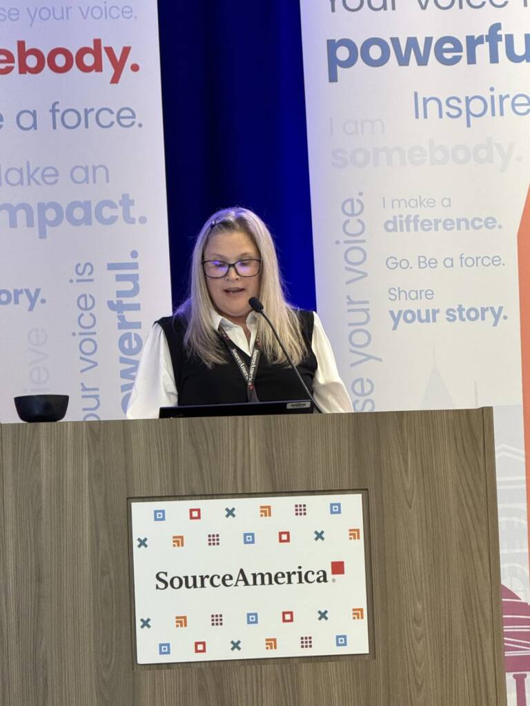 GCE Project Manager Theresa Wohlfarth, from the Eglin Air Force Base Official Mail Center, speaks to the SourceAmerica Grassroots Advocacy Conference in Washington, D.C., sharing her personal career journey and advocating for employment opportunities for people with disabilities.