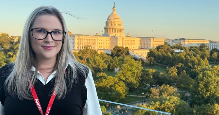 GCE Project Manager Theresa Wohlfarth, from the Eglin Air Force Base Official Mail Center, on the balcony of House Speaker Mike Johnson during a visit advocating for employment opportunities for people with disabilities.